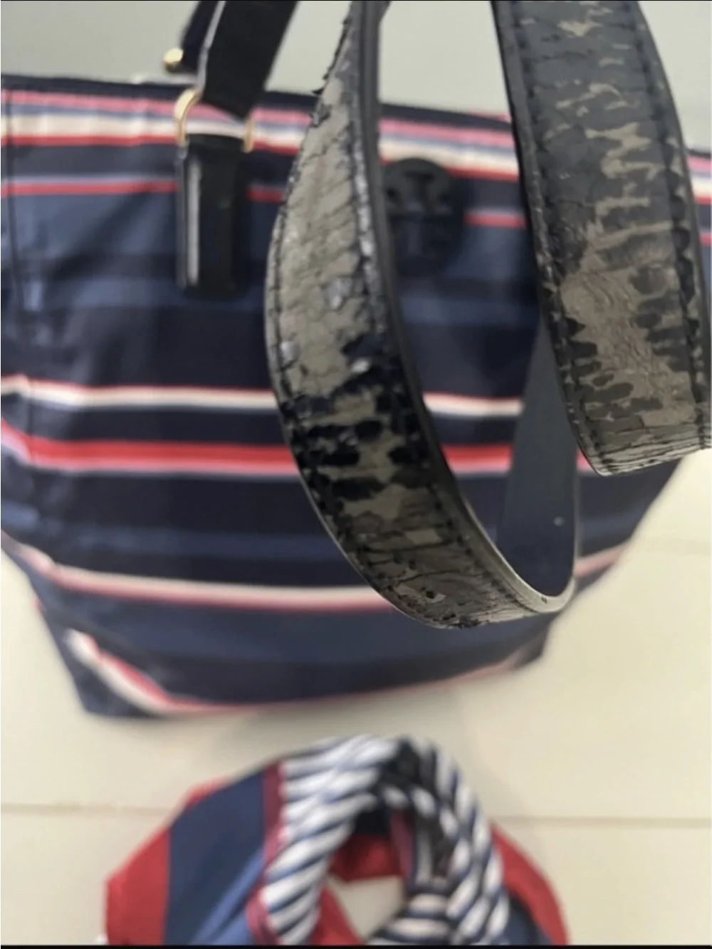 Tory Burch Nylon Stripe Zipper Tote Navy with red & navy comes with a scarf